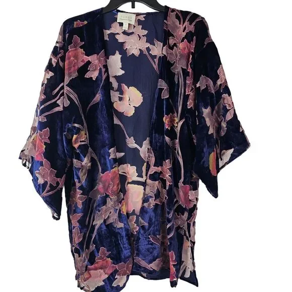 Hinge Seattle Women's Velvet‎ Kimono OS Blue Purple Pink Open Front - Picture 2 of 11